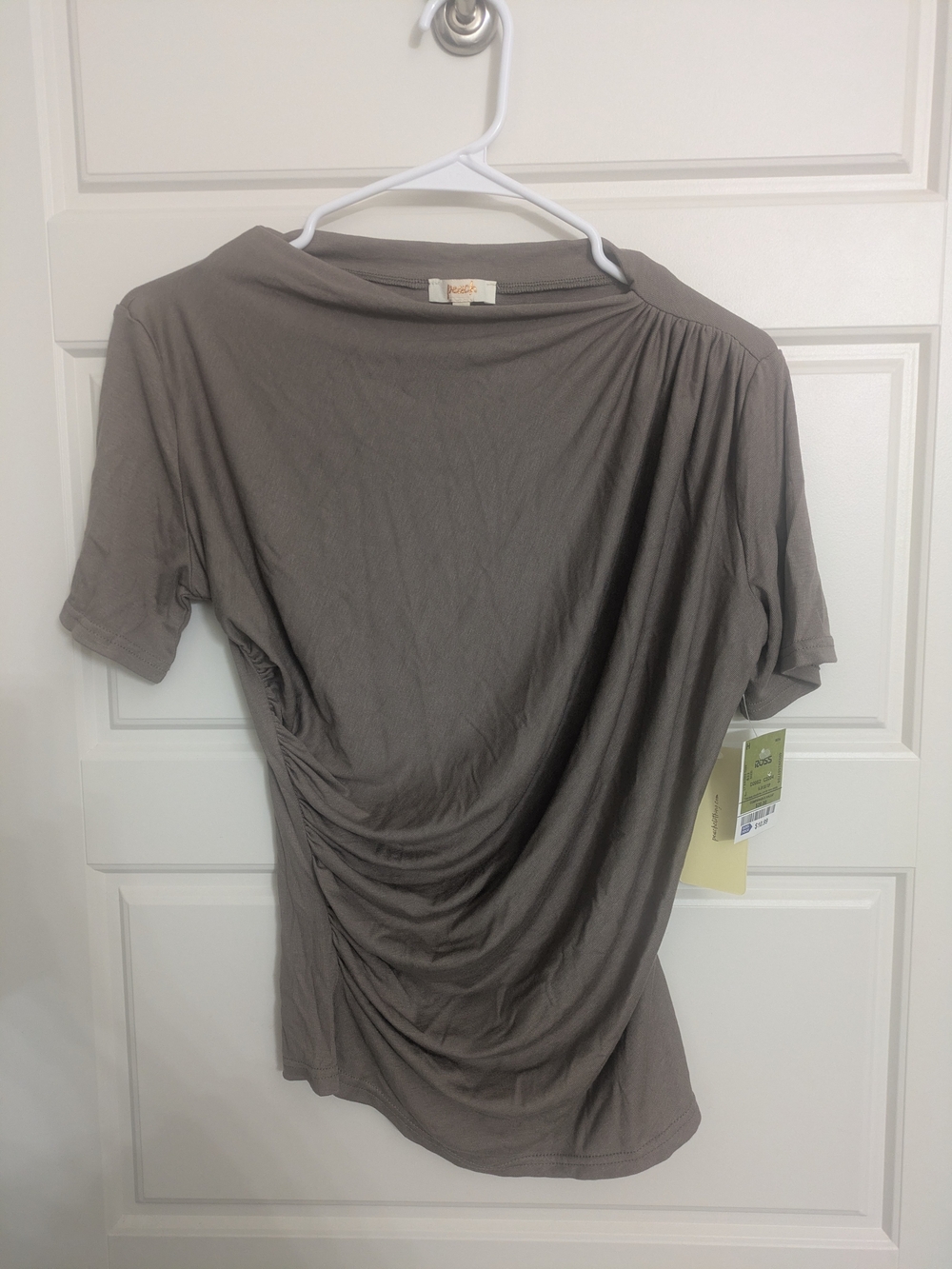 Gray Left-Shoulder Ruched Short Sleeve Top